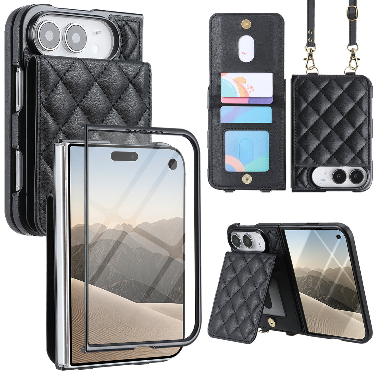 Black quilted leather crossbody wallet case for iPhone DUO displaying full product composite views including built-in screen protector frame, snap-button card slots, detachable shoulder lanyard, and horizontal kickstand mode.