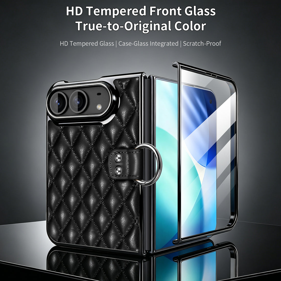 Luxury quilted leather ring-stand phone case for iPhone DUO featuring black and white color options with electroplated gold frame and integrated screen protector
