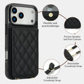 Black quilted leather phone case featuring precise port cutouts, snap card wallet, and detachable crossbody hooks