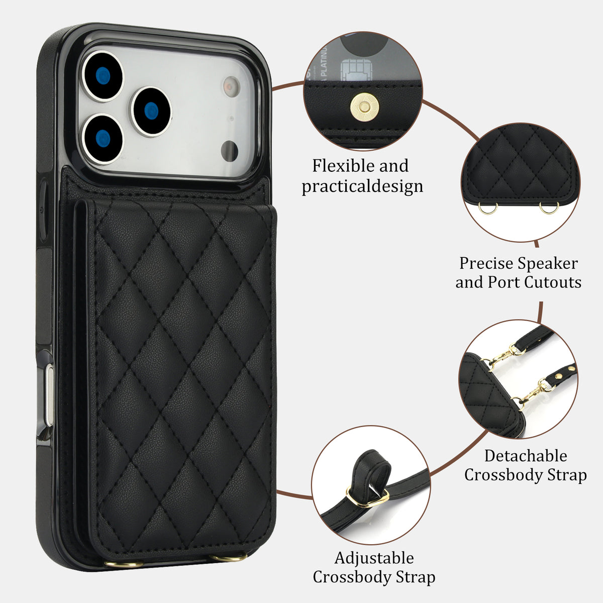 Black quilted leather phone case featuring precise port cutouts, snap card wallet, and detachable crossbody hooks