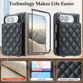 Black quilted leather wallet case for iPhone DUO showing internal RFID signal blocking fabric, card slot layout, and outer protective frame.