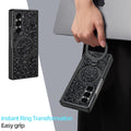 Black sparkling diamond case for Samsung Galaxy Z Fold held by the integrated 360-degree finger ring grip for secure carrying.