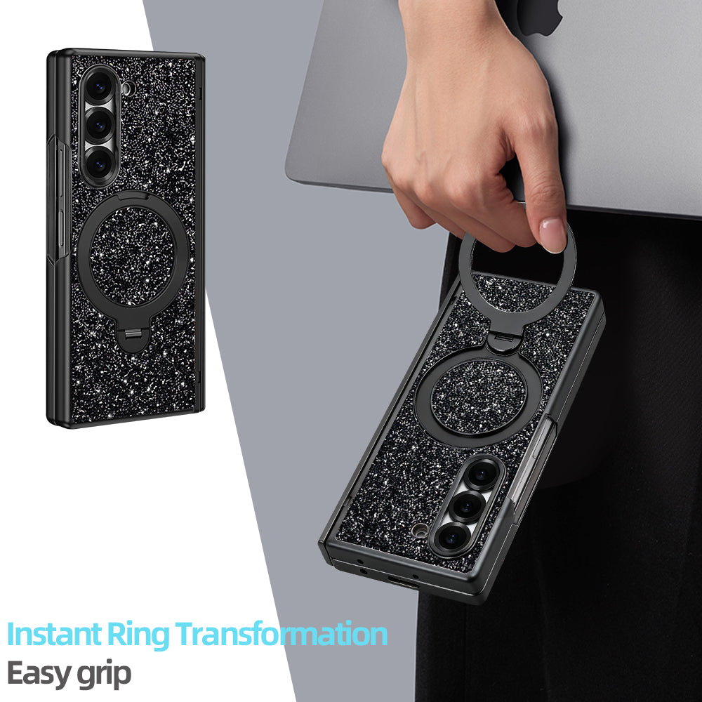 Black sparkling diamond case for Samsung Galaxy Z Fold held by the integrated 360-degree finger ring grip for secure carrying.