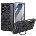 Black sparkling glitter case for Samsung Galaxy Z Fold shown with built-in ring stand extended and front screen protector panel.