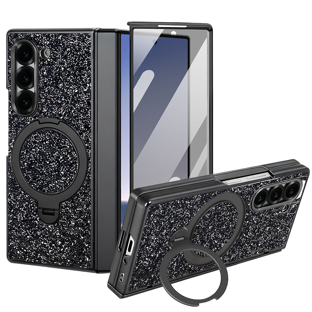 Black sparkling glitter case for Samsung Galaxy Z Fold shown with built-in ring stand extended and front screen protector panel.