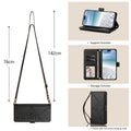 Black woven leather crossbody wallet case displaying dimensional measurements for 142cm adjustable shoulder strap, kickstand mode, card slots, and wrist strap usage.