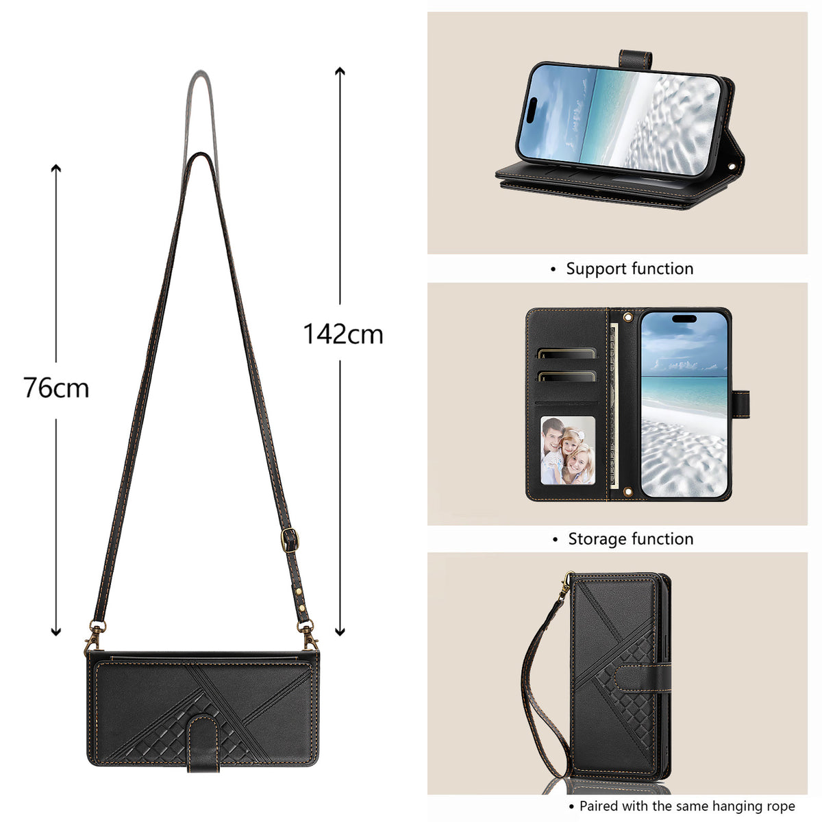 Black woven leather crossbody wallet case displaying dimensional measurements for 142cm adjustable shoulder strap, kickstand mode, card slots, and wrist strap usage.