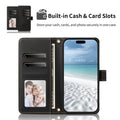 Black woven leather phone case standing open displaying credit card slots, cash pocket, clear ID slot, and display screen.