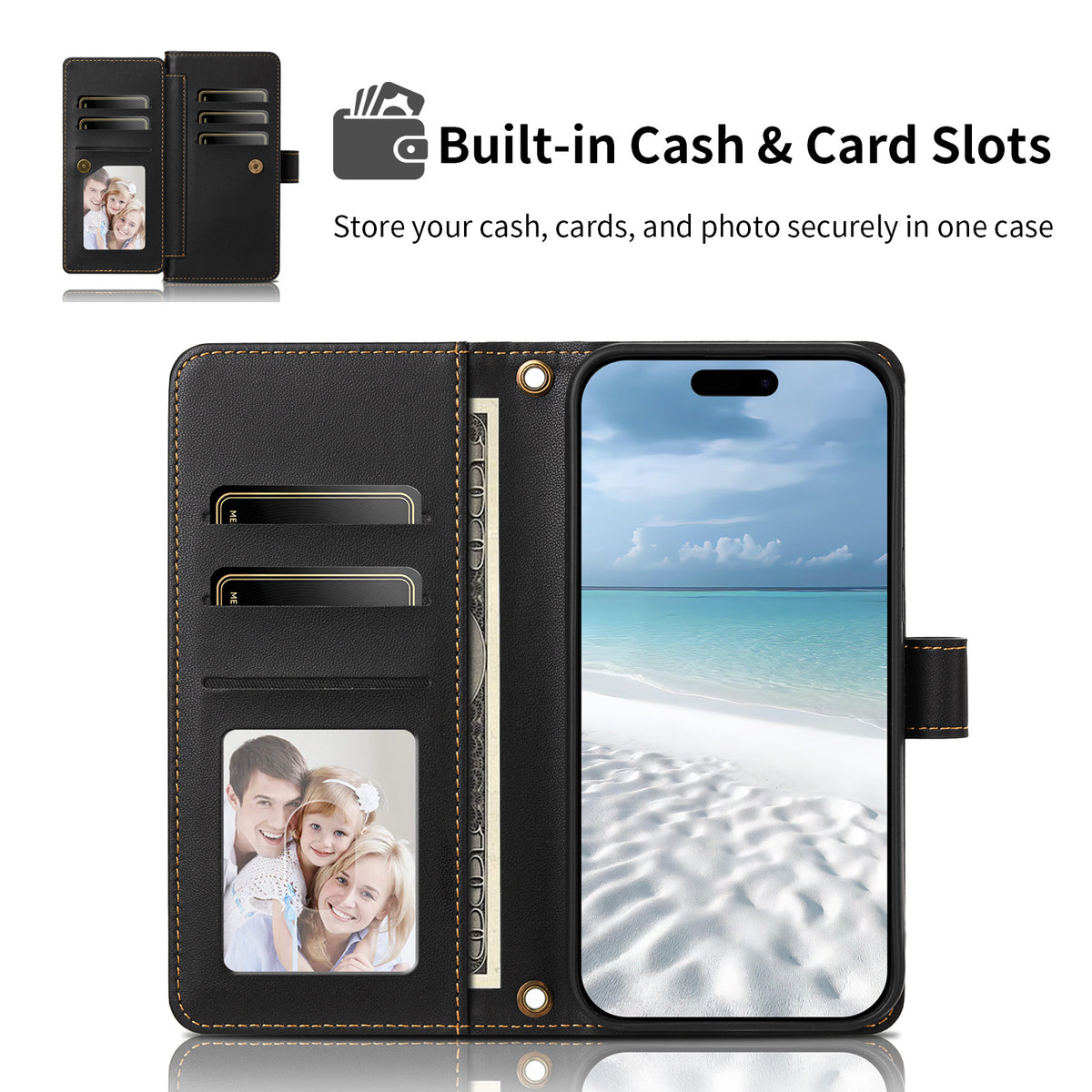 Black woven leather phone case standing open displaying credit card slots, cash pocket, clear ID slot, and display screen.