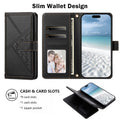 Black woven leather wallet phone case shown open showing interior card slots, clear photo ID window, cash pocket, and closed magnetic flap.