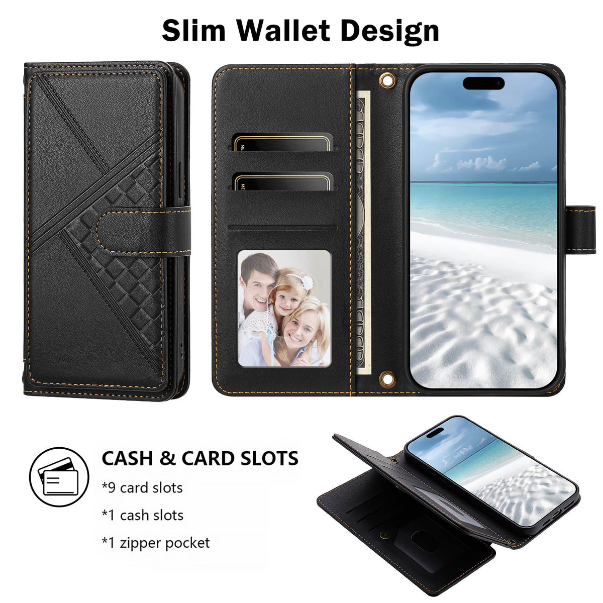 Black woven leather wallet phone case shown open showing interior card slots, clear photo ID window, cash pocket, and closed magnetic flap.