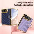 Blue and purple chevron leather iPhone DUO cases open showing full-body outer screen glass film protection and electroplated frame details.