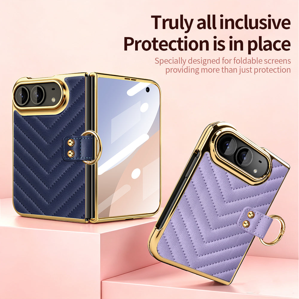 Blue and purple chevron leather iPhone DUO cases open showing full-body outer screen glass film protection and electroplated frame details.