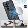 Blue glitter case for Samsung Galaxy Z Fold demonstrating 15W magnetic wireless charging compatibility, magnetic power bank attachment, and car mount use.