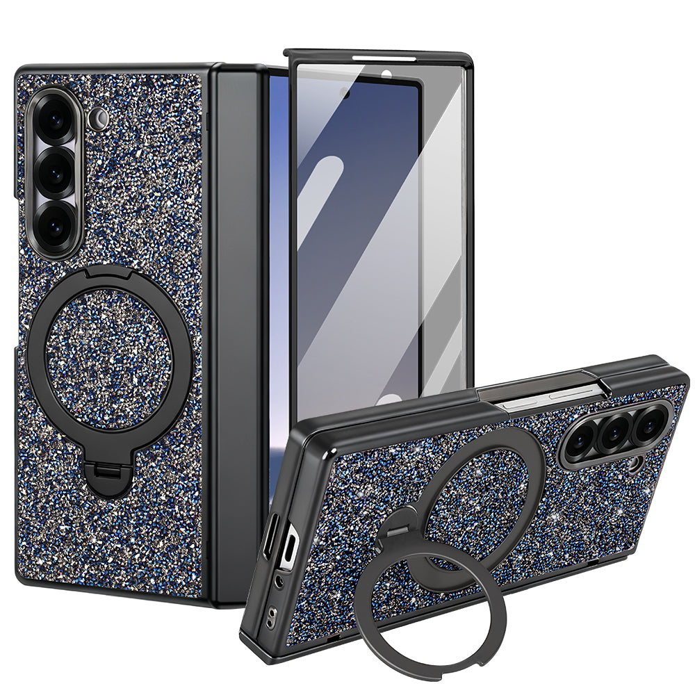 Blue glitter case for Samsung Galaxy Z Fold featured from back, front screen, and horizontal kickstand views.