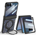 Blue glitter phone case for Samsung Galaxy Z Flip shown unfolded with extended ring kickstand alongside a partially folded view.