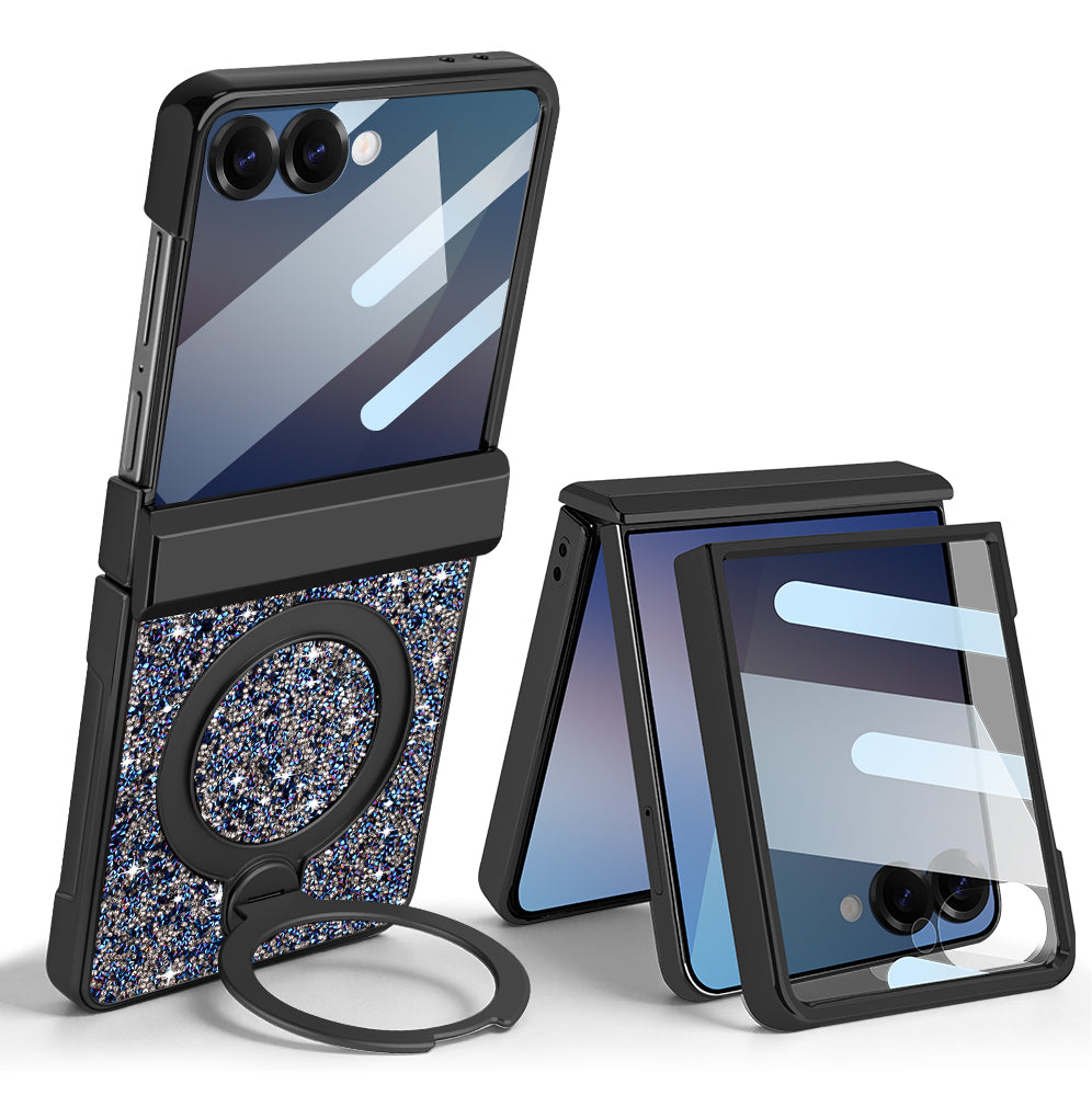 Blue glitter phone case for Samsung Galaxy Z Flip shown unfolded with extended ring kickstand alongside a partially folded view.