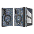 Blue luxury glitter case for Samsung Galaxy Z Fold 8 featuring a sparkling blue diamond back panel, black frame, circular ring holder kickstand, and integrated magnetic hinge protection.