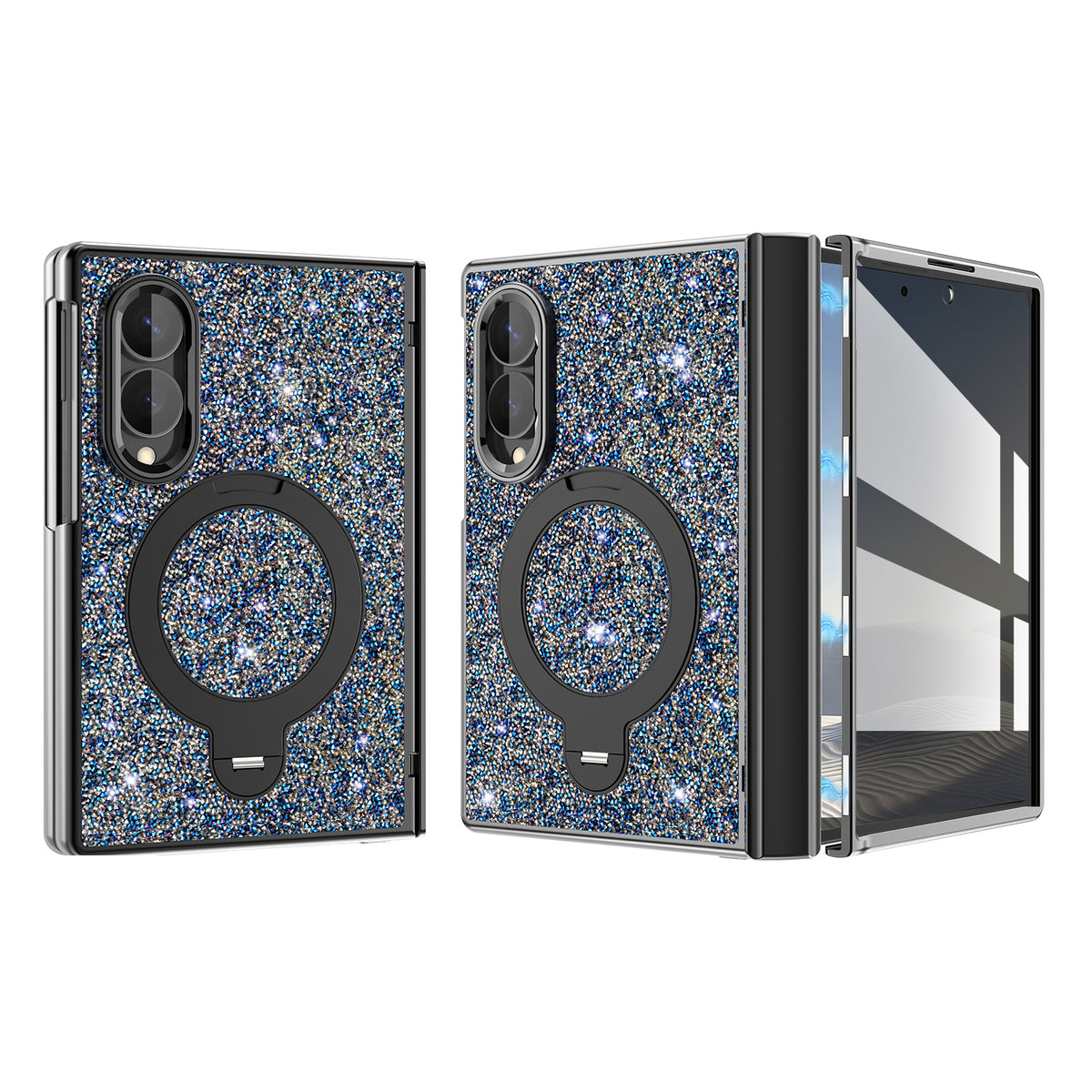 Blue luxury glitter case for Samsung Galaxy Z Fold 8 featuring a sparkling blue diamond back panel, black frame, circular ring holder kickstand, and integrated magnetic hinge protection.