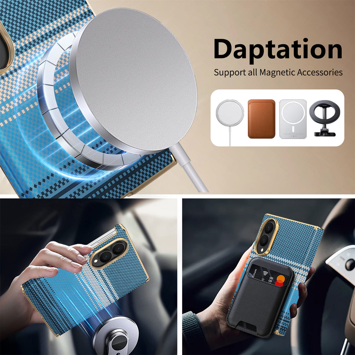 Blue pattern Samsung Galaxy Z Fold 8 case demonstrating MagSafe wireless charging magnetic car mount and card holder compatibility