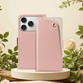 Blush-pink pebbled leather smartphone wallet case. On the left is the back of the phone, showing a triple camera.