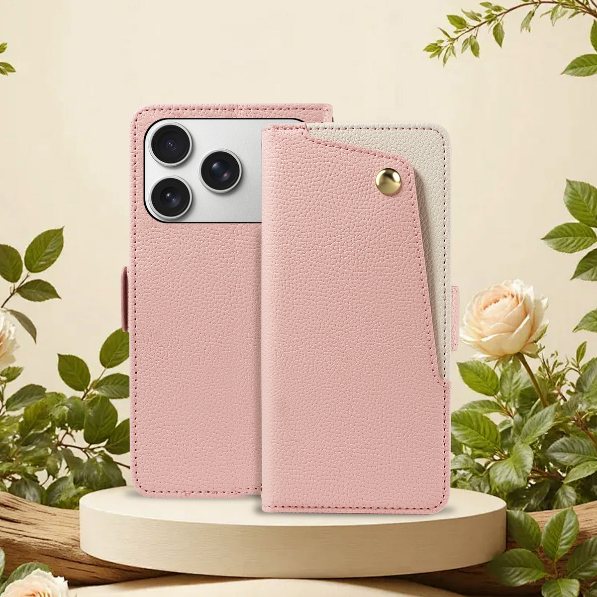Blush-pink pebbled leather smartphone wallet case. On the left is the back of the phone, showing a triple camera.