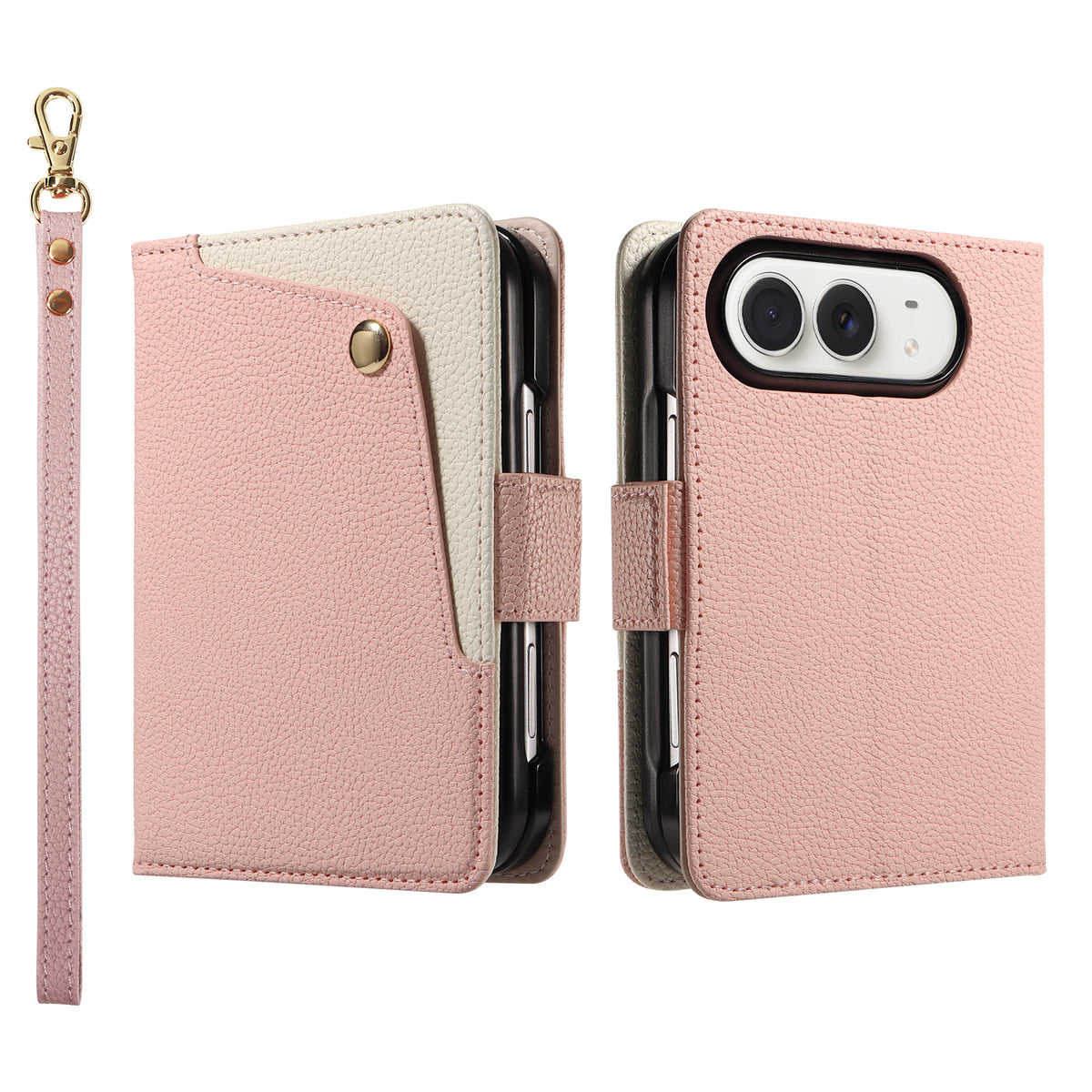 Blush pink dual-tone leather wallet case for iPhone DUO showcasing the front cover with a cream snap card pocket, camera cutout, and matching wristlet strap.