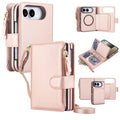Blush pink leather 2-in-1 crossbody wallet purse for iPhone DUO featuring multi-card holder slots, RFID blocking layer, zippered pocket, and magnetic inner phone case.