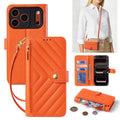Bright orange V-quilted leather crossbody phone wallet case set displaying camera lens frame, card slots, zipper pouch, and wrist strap.