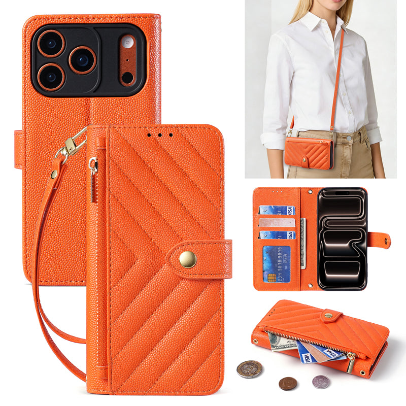 Bright orange V-quilted leather crossbody phone wallet case set displaying camera lens frame, card slots, zipper pouch, and wrist strap.