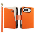 Bright orange dual-tone leather wallet case for iPhone DUO featuring the cream contrast snap card pocket, camera lens cutout, and detachable wrist strap.