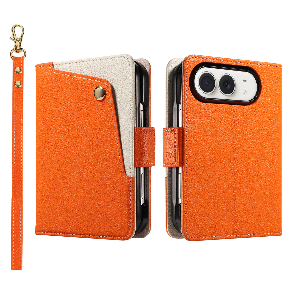 Bright orange dual-tone leather wallet case for iPhone DUO featuring the cream contrast snap card pocket, camera lens cutout, and detachable wrist strap.