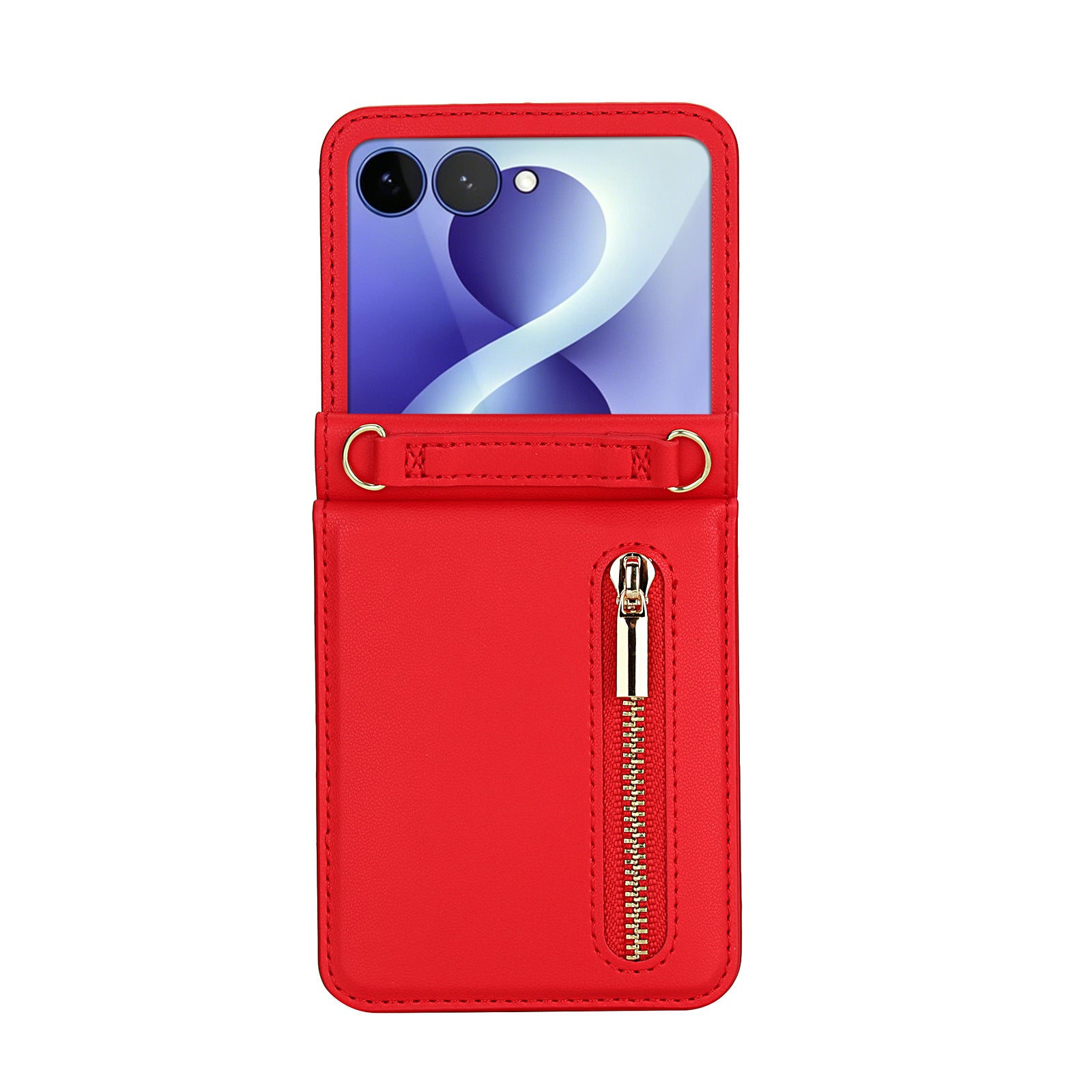 Bright red leather Samsung Galaxy Z Flip protective wallet cover with gold zipper compartment and lanyard loops.⁠