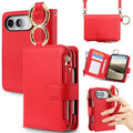 Bright red leather iPhone DUO wallet case featuring gold metal carabiner rings, side zipper purse, card slots, and hand holder