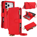 Bright red leather wallet phone case composite with views of the rear camera opening, an adjustable crossbody strap, and an open wallet section with card slots and a cash compartment.