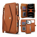 Brown 2-in-1 detachable magnetic leather wallet phone case for iPhone displaying card slots, zippered purse compartment, wristlet lanyard, and removable magnetic back cover.