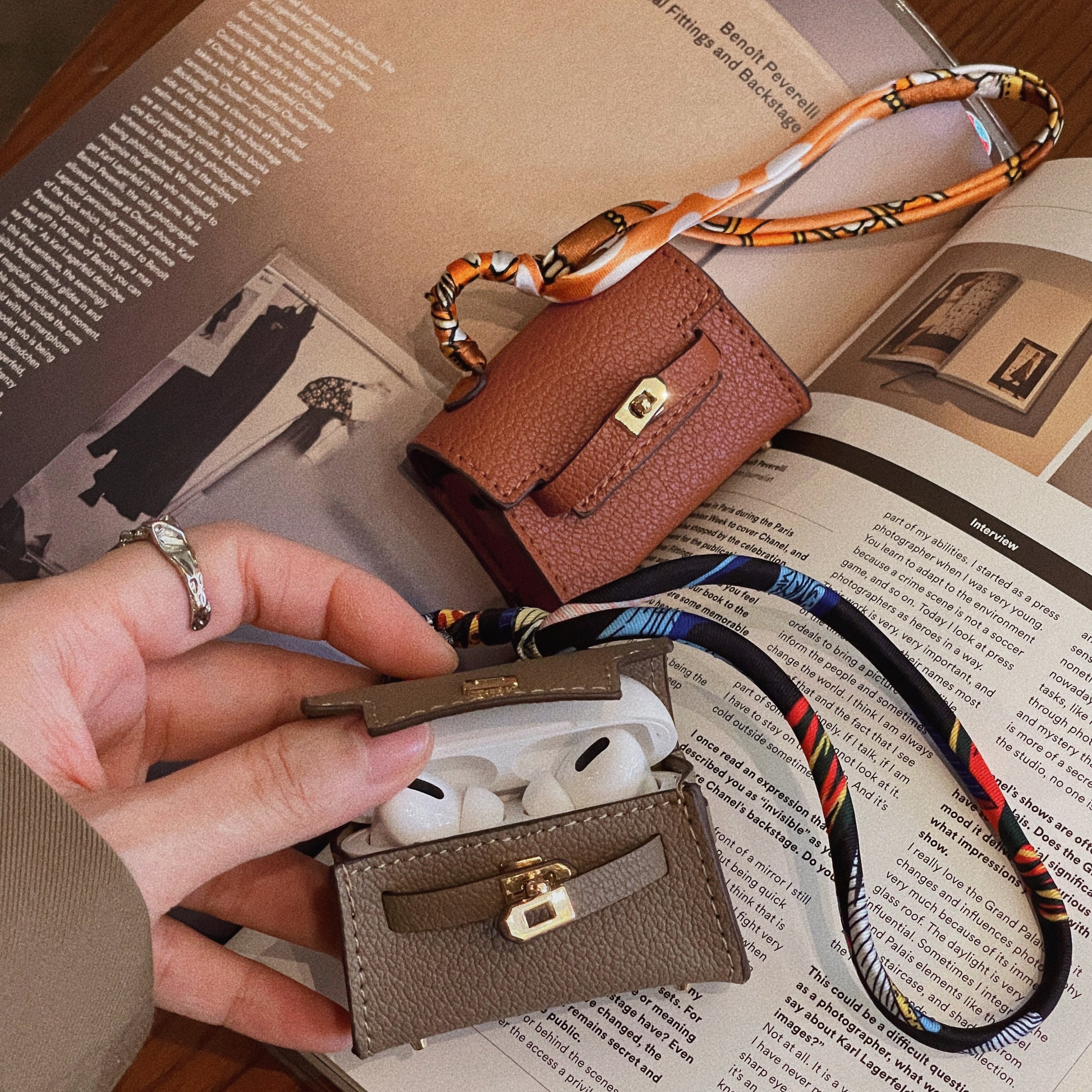 Brown AirPods Pro Leather Case with Woven Basket Texture and Keychain