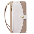 Brown and off-white two-tone leather zipper wallet phone case with attached 
