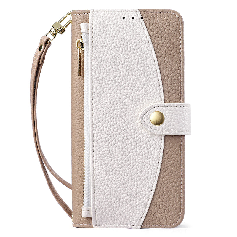 Brown and off-white two-tone leather zipper wallet phone case with attached 