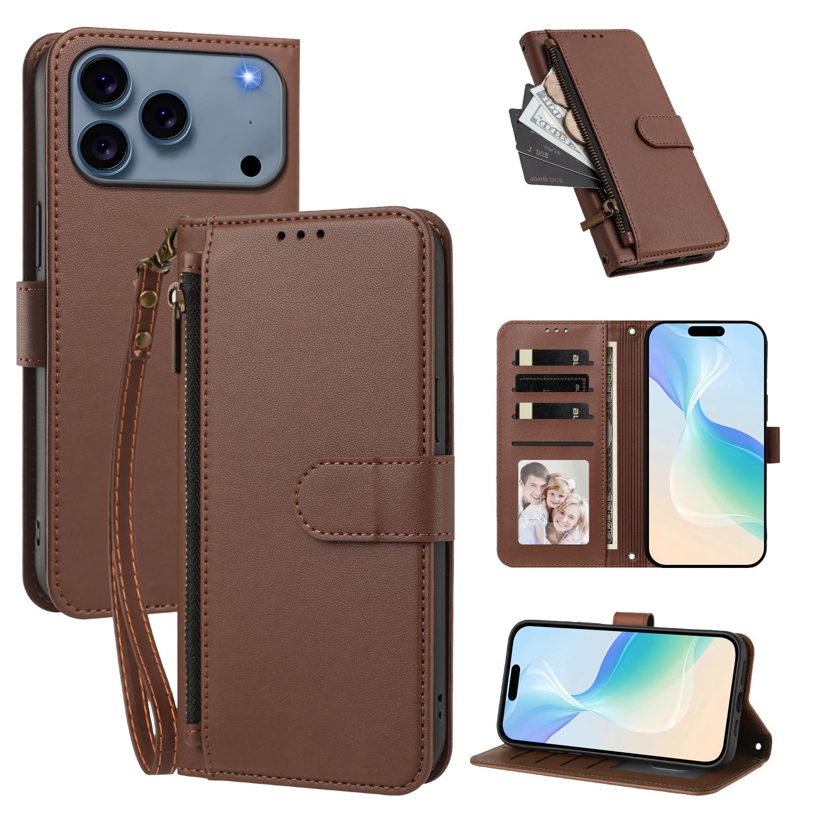 Brown — card slots, zipper pocket