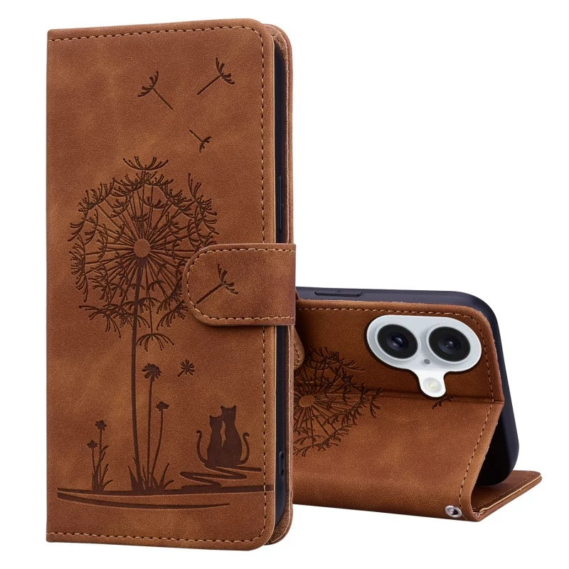 Brown cat design phone case in kickstand mode showing hands-free video viewing.