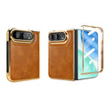 Brown luxury synthetic leather case for iPhone DUO with electroplated gold frame, camera lens protector, and detachable tempered glass front screen guard
