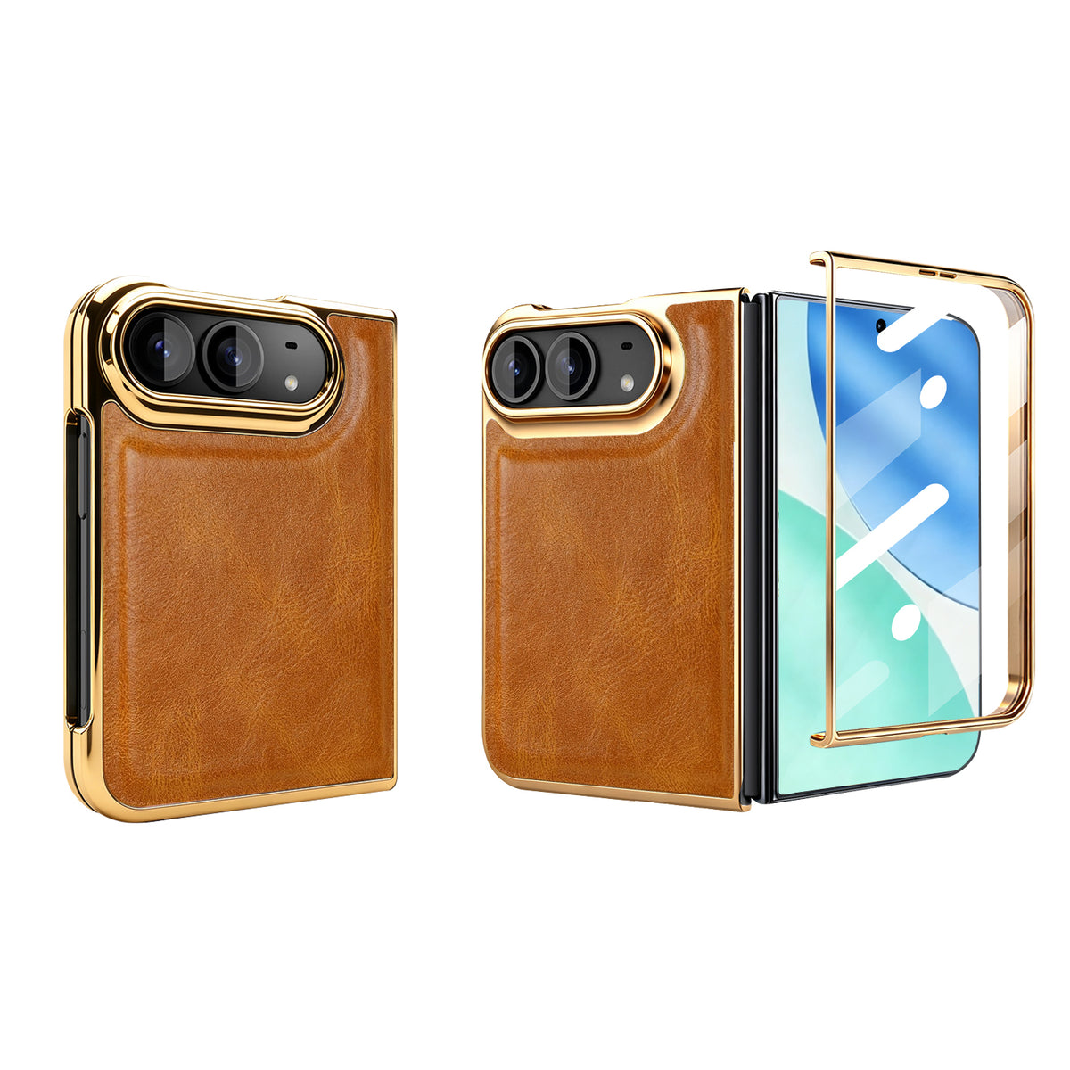 Brown luxury synthetic leather case for iPhone DUO with electroplated gold frame, camera lens protector, and detachable tempered glass front screen guard