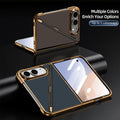 Brown and dark blue Kevlar pen slot folding cases for iPhone DUO shown resting flat in open positions, demonstrating smooth folding screen access and electroplated camera bezels.