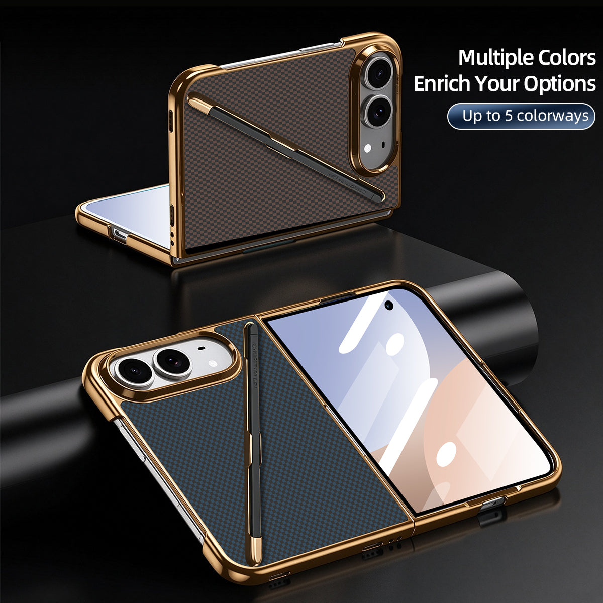 Brown and dark blue Kevlar pen slot folding cases for iPhone DUO shown resting flat in open positions, demonstrating smooth folding screen access and electroplated camera bezels.