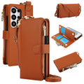 Brown leather RFID crossbody wallet phone case for Samsung Galaxy S26 Ultra displaying internal card slots, zipper purse, and adjustable strap