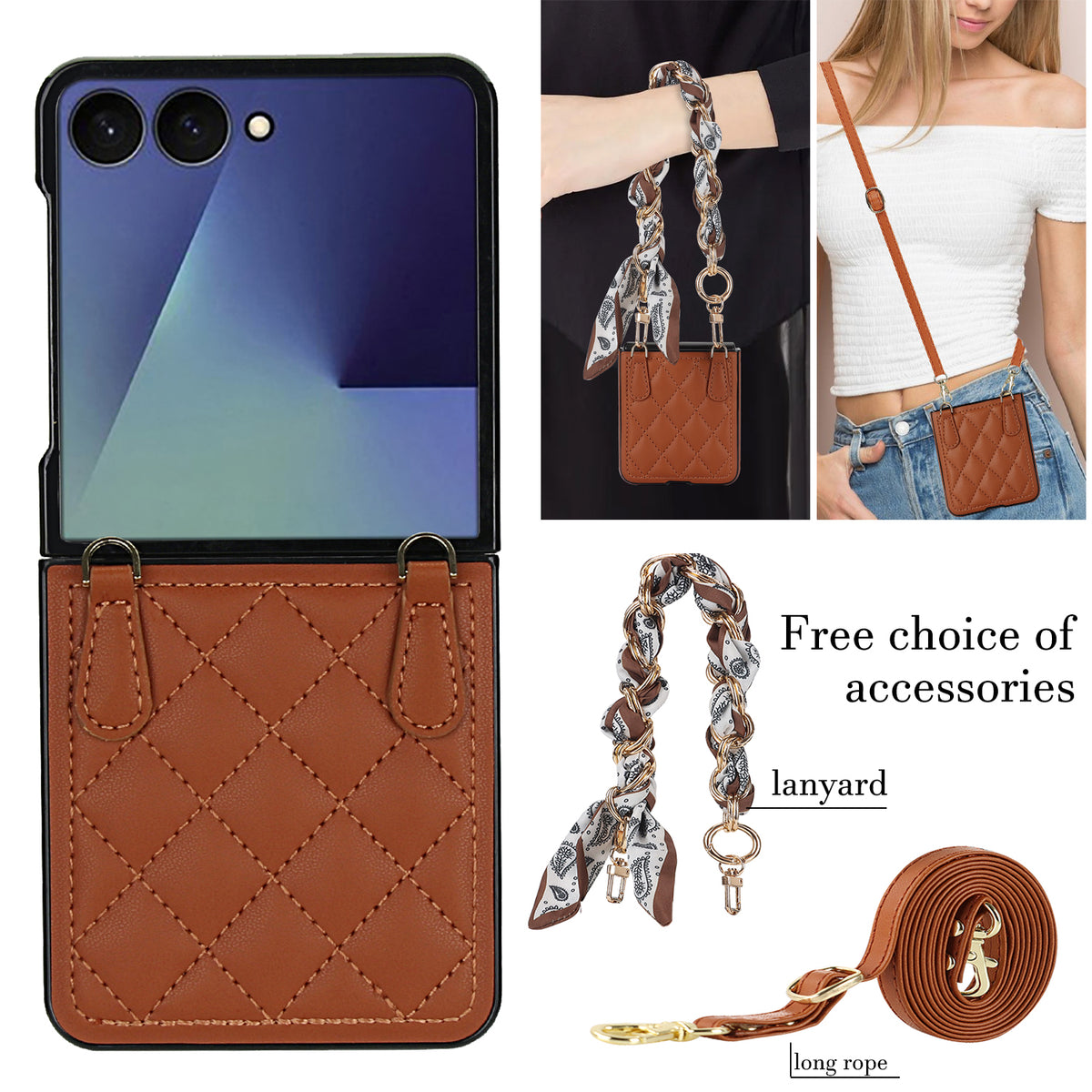 Brown leather Samsung Galaxy Z Flip case with paisley pattern scarf chain strap and adjustable brown leather crossbody rope