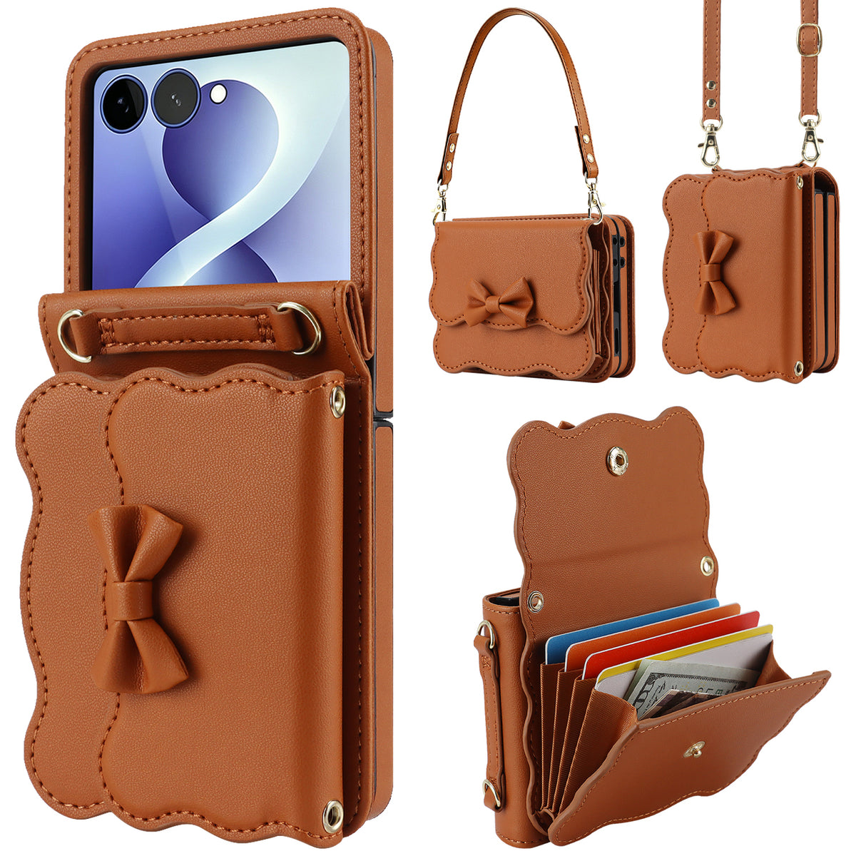 Brown leather Samsung Galaxy Z Flip wallet case with bow flap detailing, detachable wristlet, crossbody strap, and open card pouch