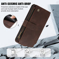 Brown leather anti-seismic and anti-drop iPhone case showing protective TPU bumper and shock-absorbing corner design