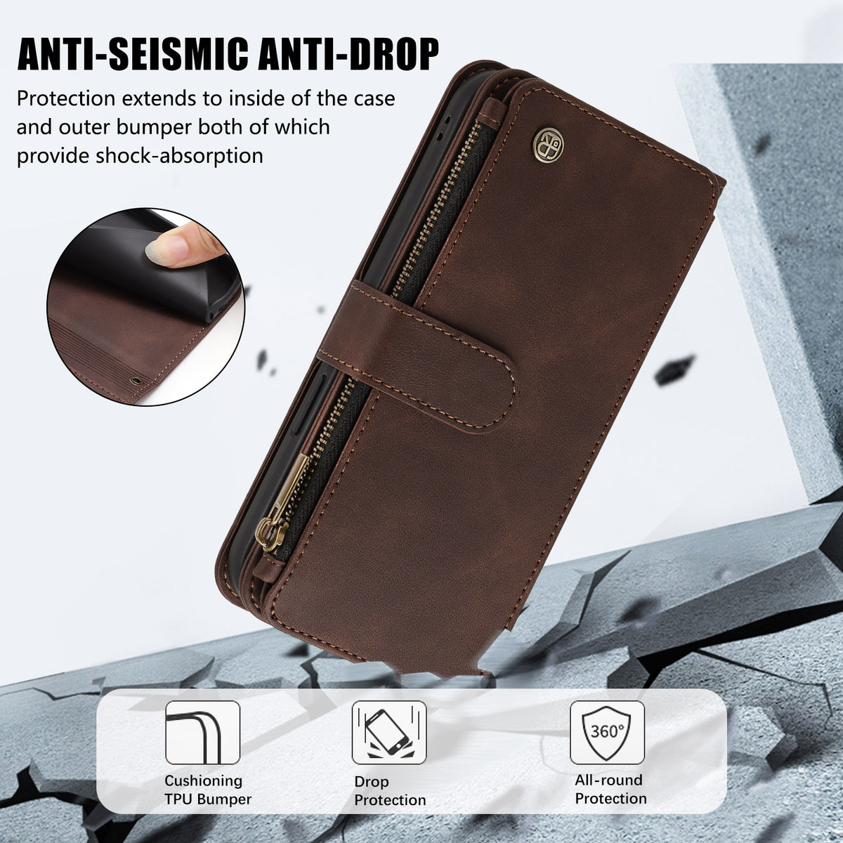 Brown leather anti-seismic and anti-drop iPhone case showing protective TPU bumper and shock-absorbing corner design